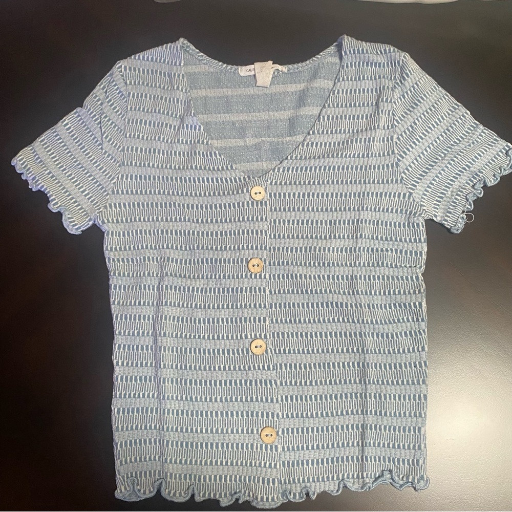 Blue and White Button-Up Knit Top